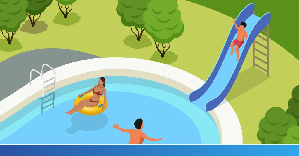 a graphic of a family having fun in a swimming pool